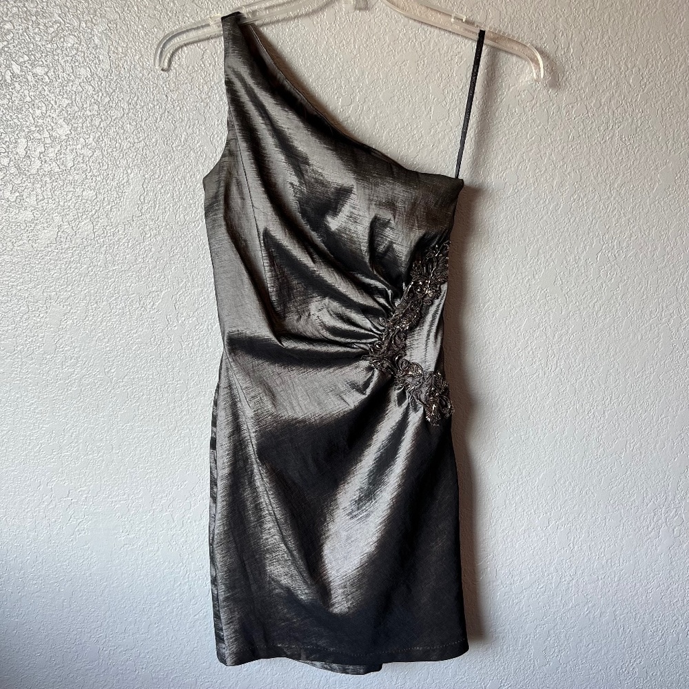Jessica McClintock size 10 metallic gray dress with ruched waist embellishments